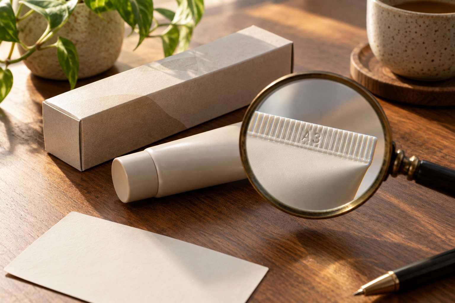 Lupa sobre el código de un tubo cosmético junto a su caja y una tarjeta de notas.