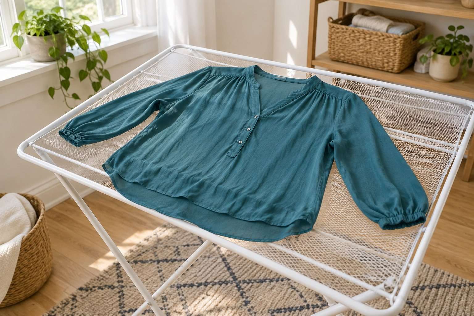 Blusa azul verdosa extendida sobre una rejilla de secado